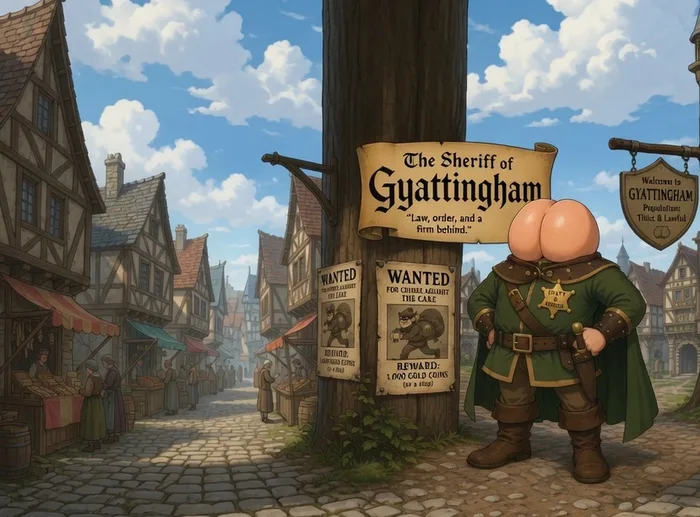 Gyattingham market street, the sheriff beside the wanted notices.