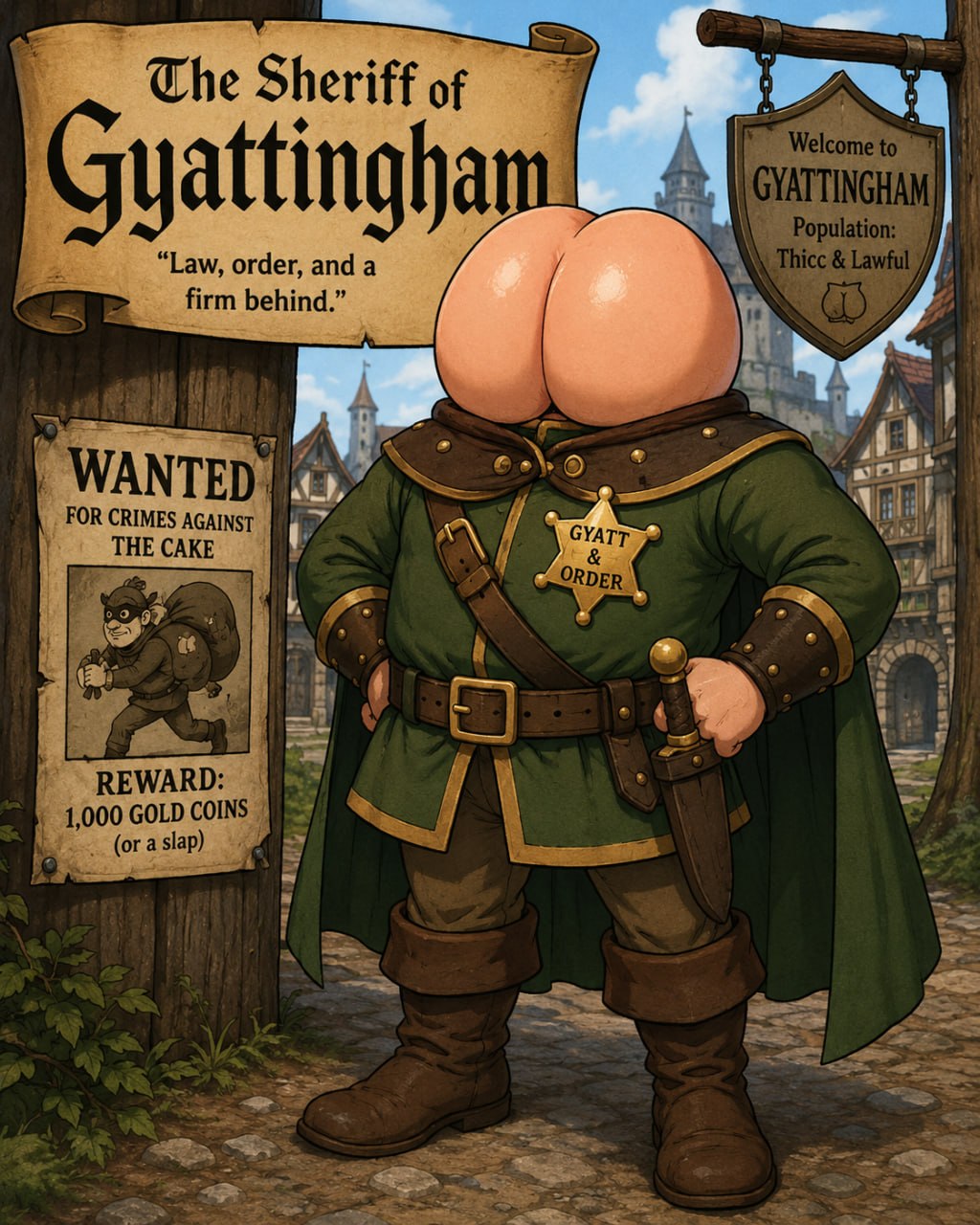 The sheriff of Gyattingham, green cloak, gold badge, standing under the town scroll.